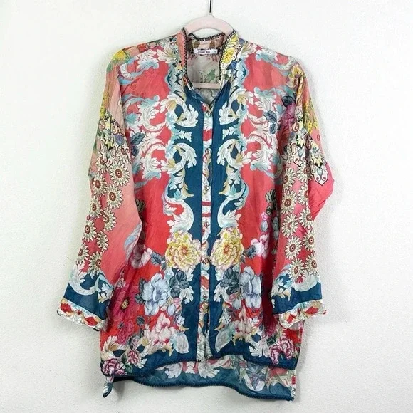 Johnny Was Dusk button down blouse shirt top tunic sz small roll tab sleeves